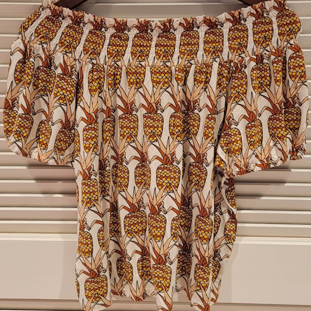 Cute pineapple print off the shoulder top with bow detail on the back